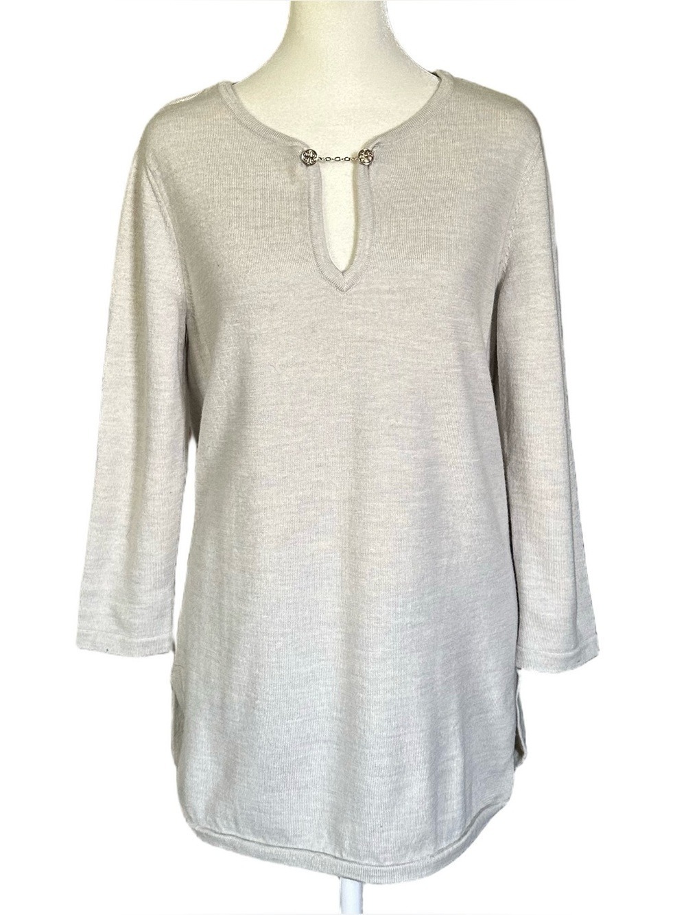 Tory Burch Merino Wool V-Neck Gold Chain Long Sleeve Tunic Sweater Sz Medium